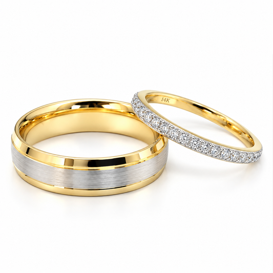 21C20-6LQ + 23CHA539LQ Set de argolla matrimonial y Churumbela en oro amarillo de 14 Kilates con circonias.