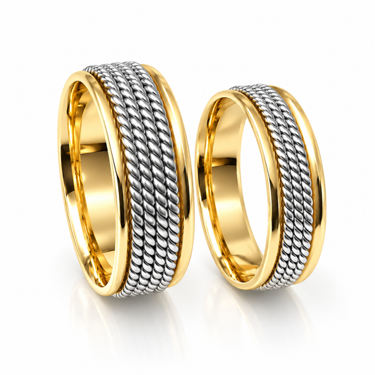 Argollas de matrimonio en oro combinado con diseño de cordones | 21C301-64LQ