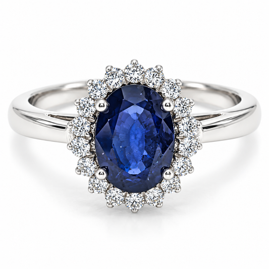 Anillo de compromiso en Platino con Halo de diamantes y Zafiro central | 24JCU806LQ