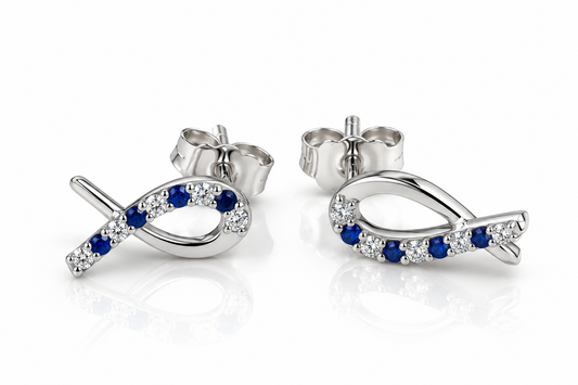 Broqueles de pez con zafiros y diamantes naturales en oro blanco de 14K | 30JC5166BLQ