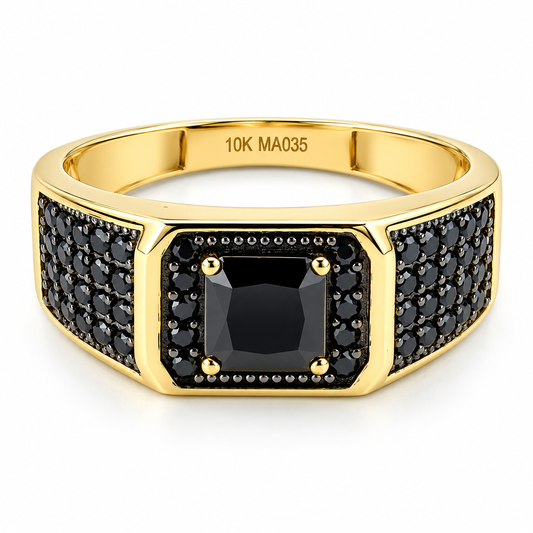 30JC59LQ Anillo para caballero en oro amarillo de 10 Kilates con circonias negras.