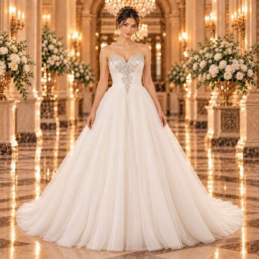 Vestido de novia 51AS2710LQ corte princesa en color ivory, vista frontal completa con modelo en lobby de hotel.