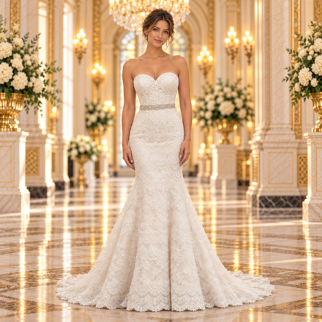 Vista frontal del vestido de novia Asper 51AS9157LQ corte sirena color Ivory, en modelo en lobby de hotel.