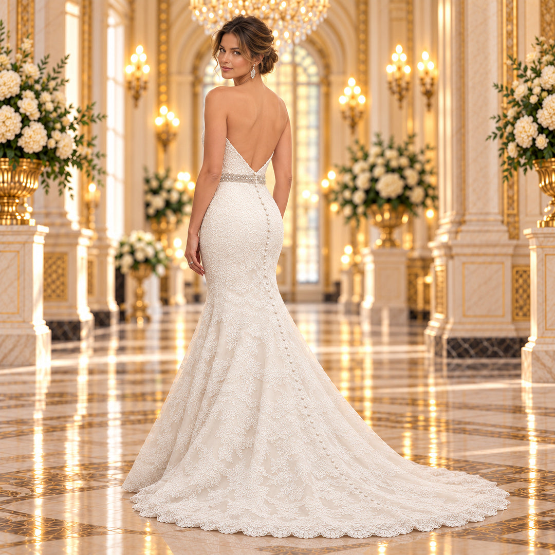 Vista posterior del vestido de novia Asper 51AS9157LQ color Ivory, con escote bajo, botones y cola de encaje.