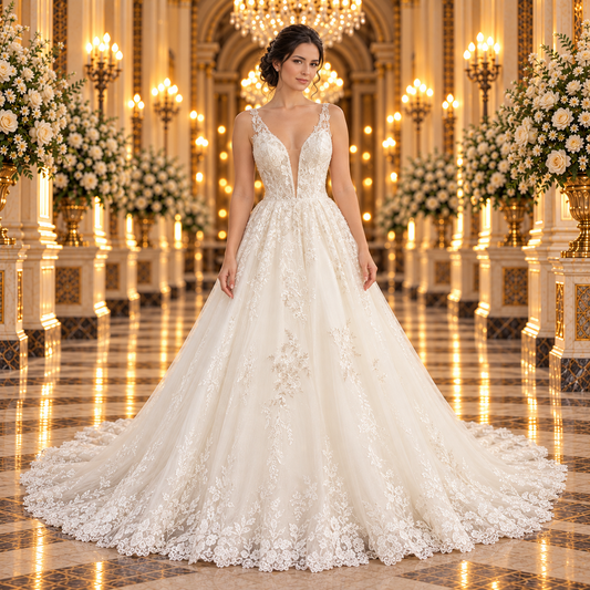 Vista frontal del vestido de novia 51BBCJ20LQ corte princesa en ivory, con escote en V y encaje floral, en una elegante modelo en un lobby de hotel.