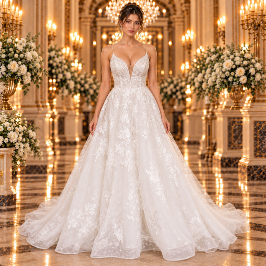 Vestido de novia 51BBCM03LQ color ivory, vista frontal con escote en V, tirantes finos y encaje floral en lobby de hotel.