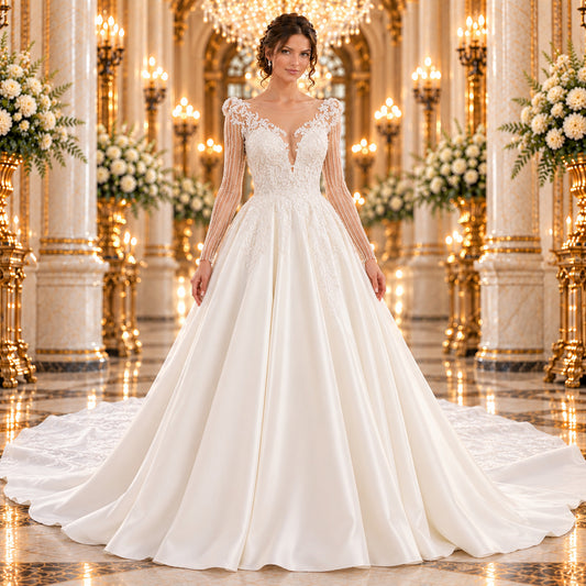 Vista frontal del vestido de novia 51BBCM16LQ, corte princesa color ivory con encaje veneciano y mangas largas transparentes, en lobby de hotel.