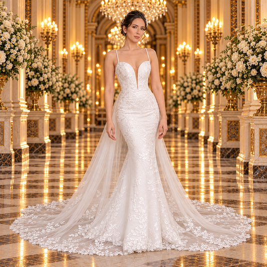 Vista frontal del vestido de novia 51BBCM23LQ corte sirena en ivory, con tirantes finos, encaje de hojas y cauda desmontable, en un elegante lobby de hotel.