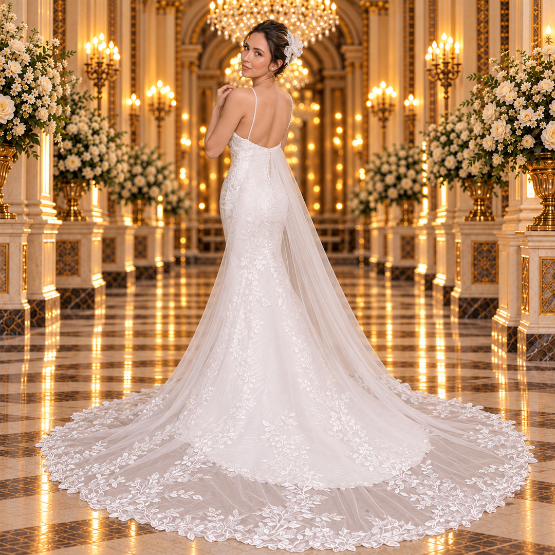 Vista de espalda del vestido de novia 51BBCM23LQ en ivory con cauda desmontable de tul y bordado de hojas, en un lobby de hotel.