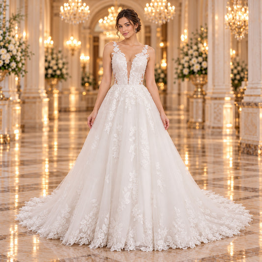 Vestido de novia 51BBCN04LQ corte princesa en color ivory, vista frontal en lobby de hotel