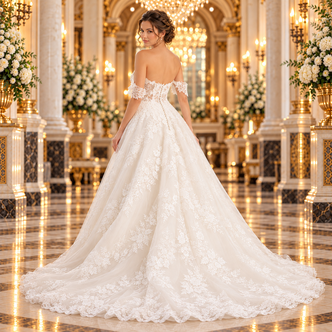 Vista posterior y cola del vestido de novia 51BBERINLQ corte Princesa en color Ivory en un lobby de hotel.