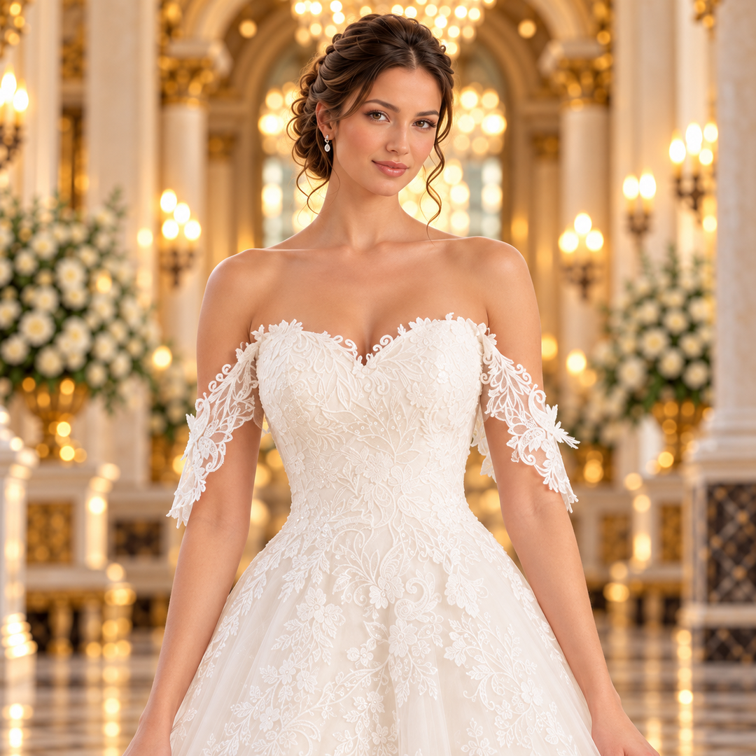 Detalle frontal del escote corazón y mangas caídas de encaje del vestido de novia Ivory 51BBERINLQ.