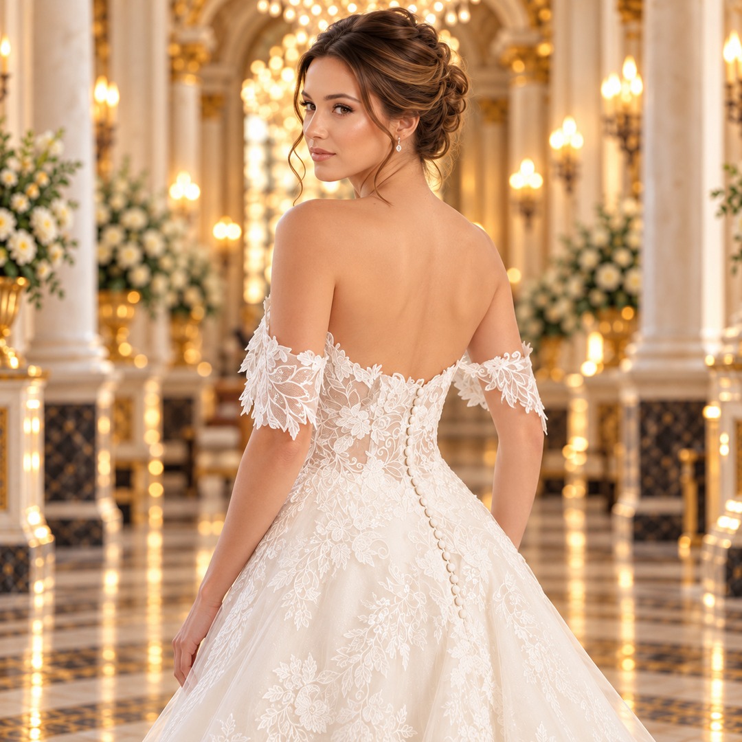 Detalle de espalda con encaje de efecto ilusión y botonadura del vestido de novia Ivory 51BBERINLQ.