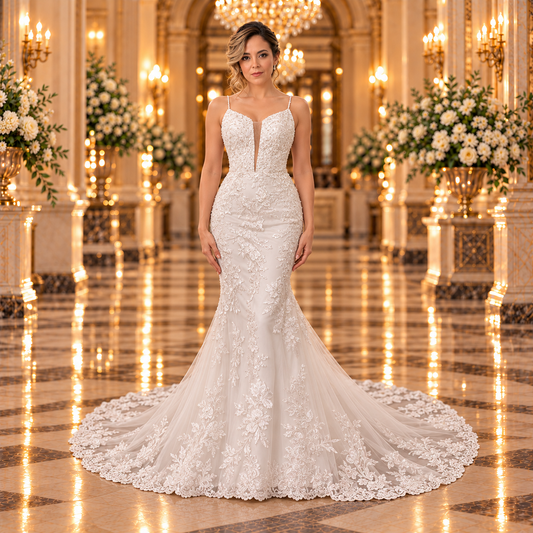 Vestido de novia 51BBFONTANALQ corte sirena en color ivory, vista frontal completa con modelo en lobby de hotel.
