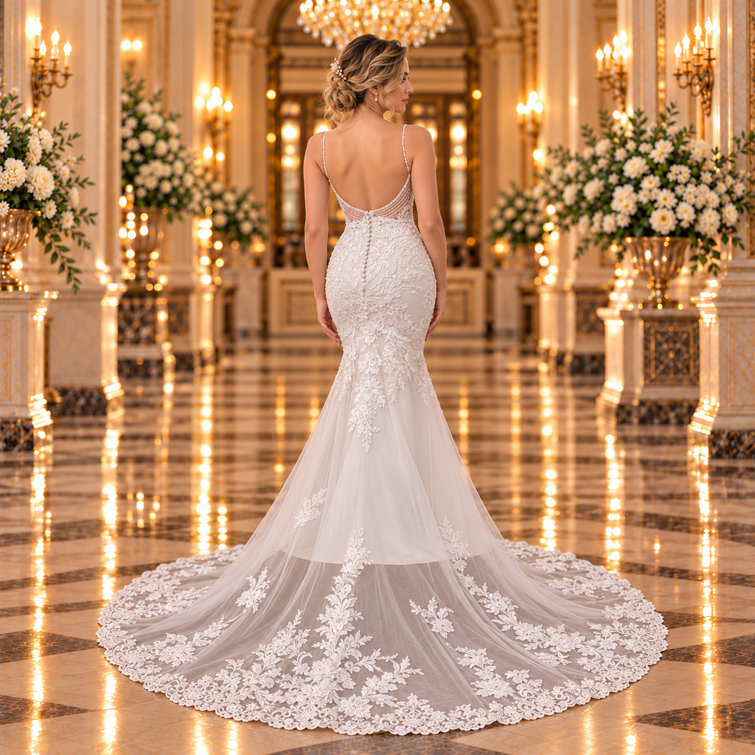 Vista de espalda del vestido de novia 51BBFONTANALQ en color ivory, con cola de tul y encaje floral.