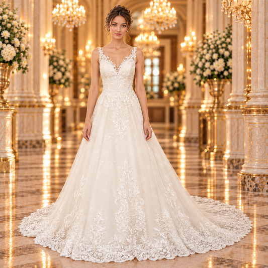 Vestido de novia 51BDA06LQ corte línea A en color ivory, vista frontal en modelo en lobby de hotel.