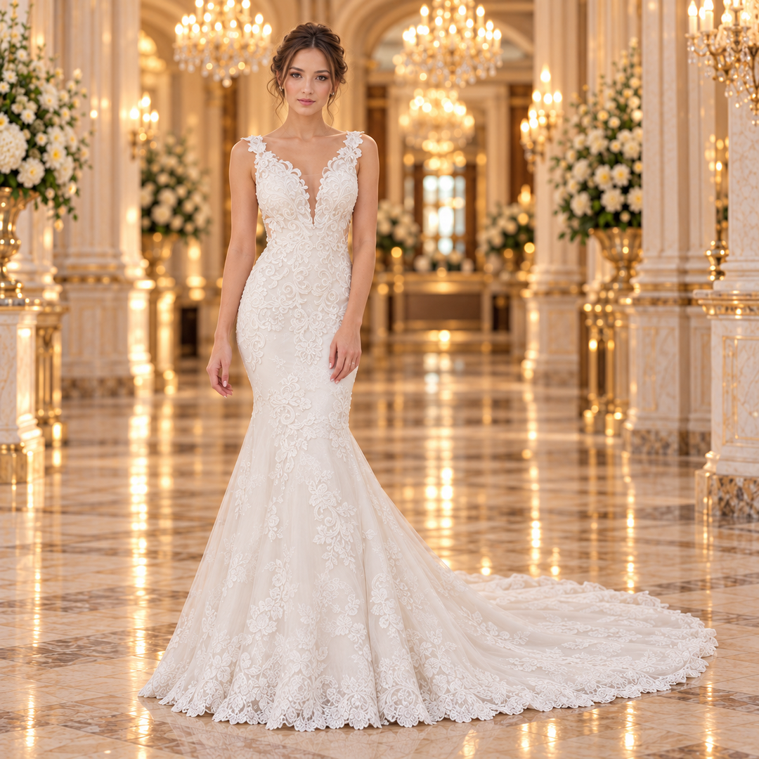 Vestido de novia corte sirena Ivory 51BDA17LQ: vista frontal completa en lobby de hotel