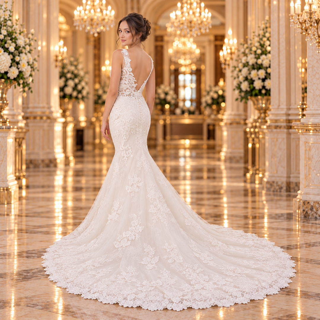 Vestido de novia corte sirena Ivory 51BDA17LQ: espalda abierta y cola con encaje