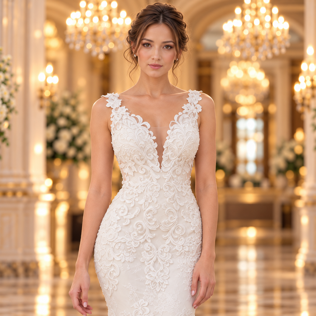 Vestido de novia Ivory 51BDA17LQ: detalle frontal del escote en V y encaje