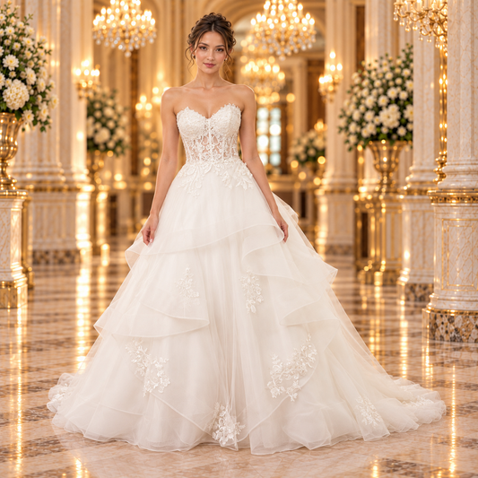 Vestido de novia corte Princesa Ivory 51BDC06LQ: vista frontal completa en lobby de hotel