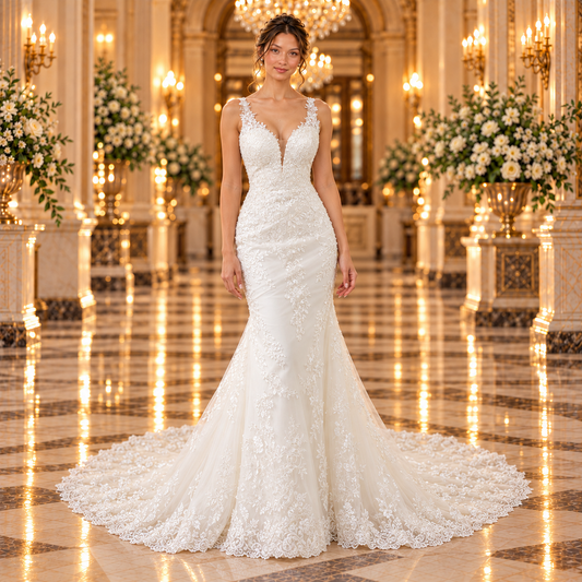 Vestido de novia 51BDC18LQ corte sirena en color ivory, vista frontal completa con modelo en lobby de hotel.