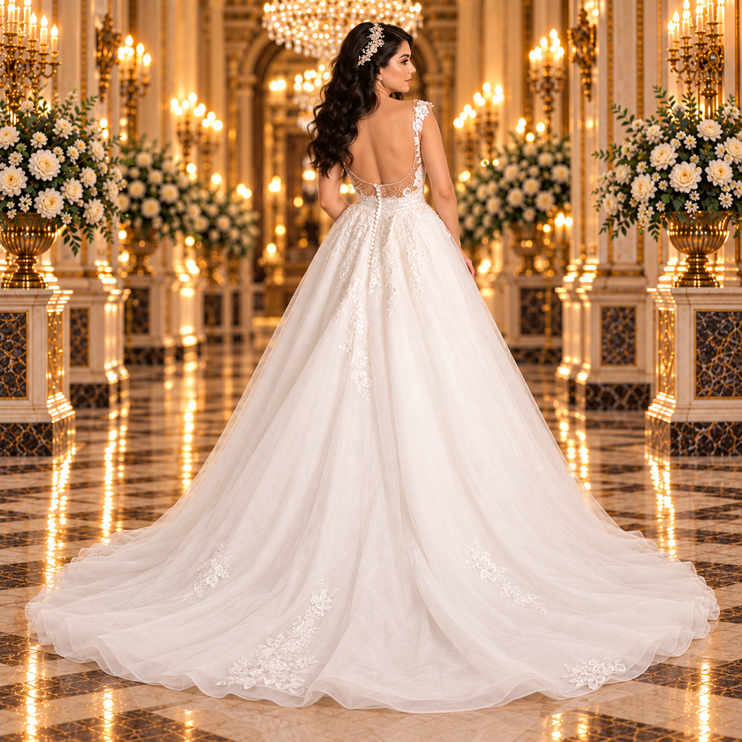 Vista de espalda del vestido de novia 51BDD15LQ ivory, cauda de tul, encaje floral y botonadura central.