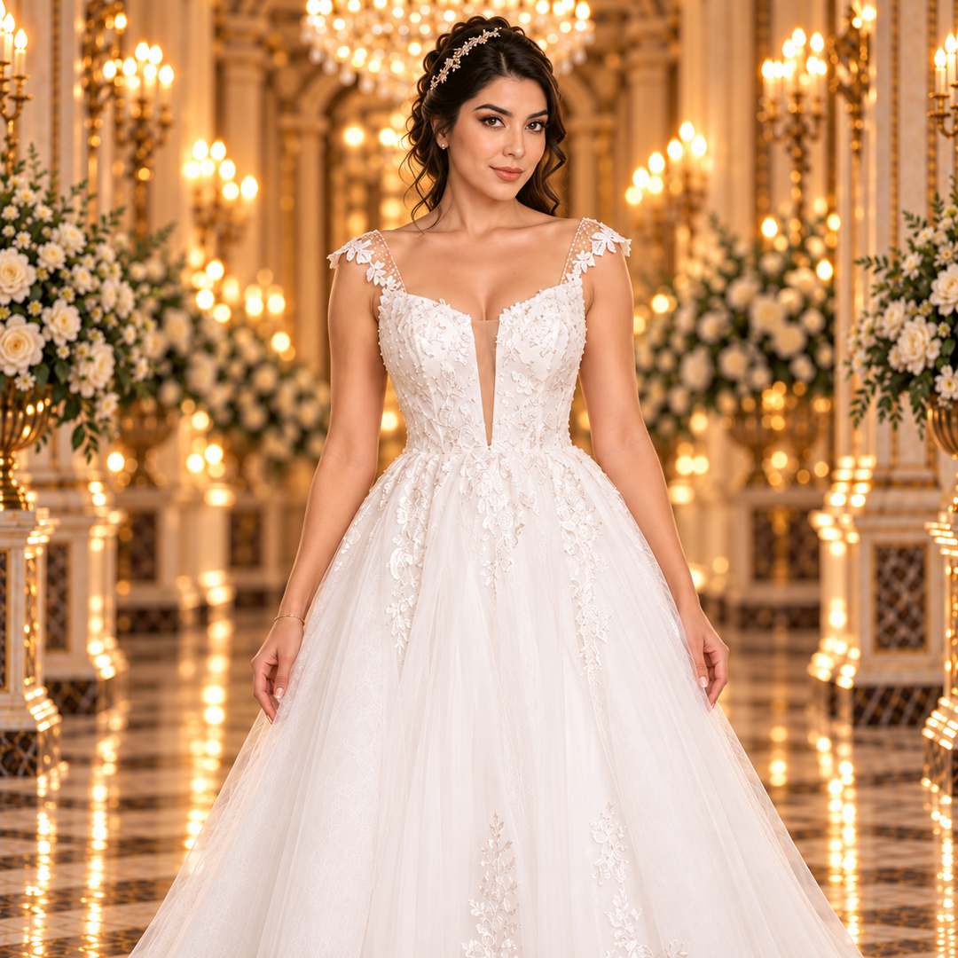 Detalle frontal del vestido 51BDD15LQ: encaje veneciano, escote en V y mangas cortas con detalles de perlas.