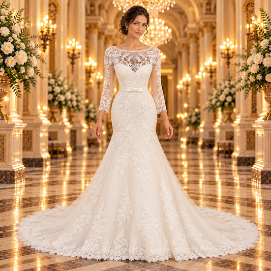 Vista frontal del vestido de novia Frida 51EH1641207LQ en ivory, con escote barco, mangas de encaje y cinturón satinado, en un elegante lobby de hotel.