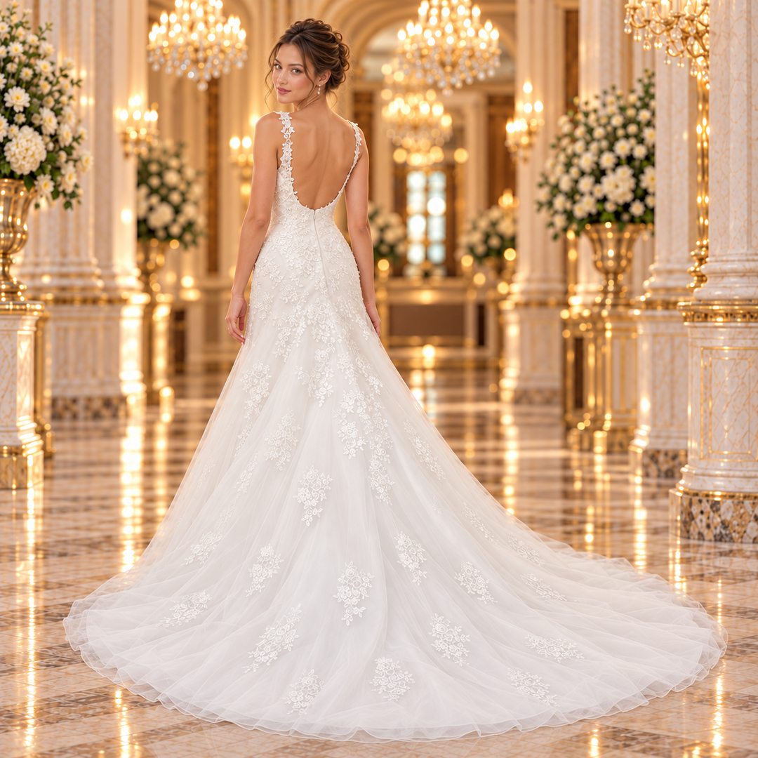 Vestido de novia corte línea A Ivory 51EH1641238LQ: espalda profunda redondeada y cola