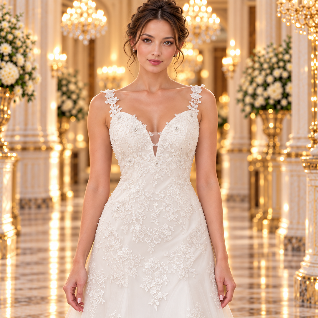 Vestido de novia Ivory 51EH1641238LQ: detalle de escote en V, tirantes finos y encaje floral