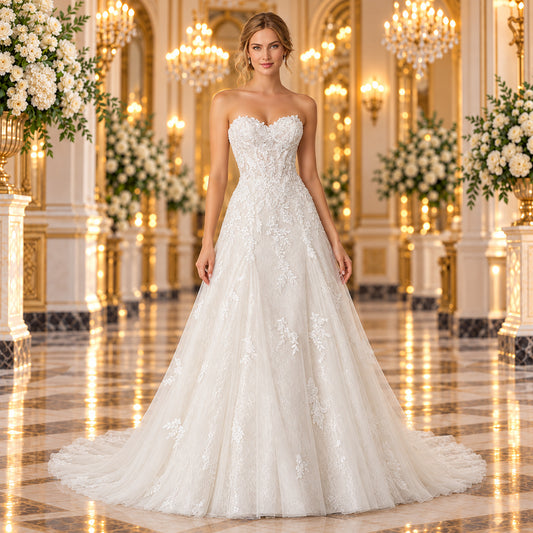 Vista frontal del vestido de novia Mori Lee Shelly 51ML2122LQ, corte línea A color Ivory, en un elegante lobby de hotel
