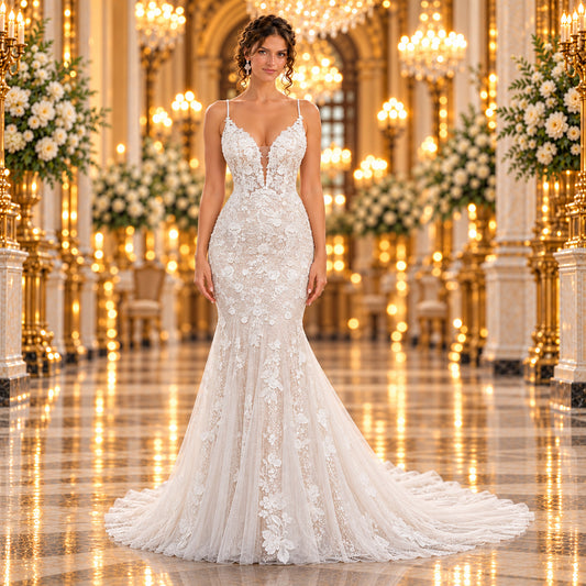 Vista frontal del vestido de novia Mori Lee Desiree 51ML2403LQ, corte sirena en color Ivory, sobre una modelo en un elegante lobby de hotel.