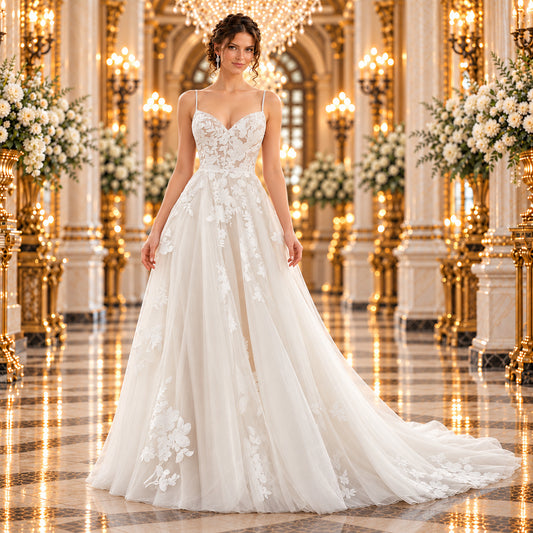 Vestido de novia Mori Lee Frances 51ML2464LQ en ivory, vista frontal completa con modelo en elegante lobby de hotel