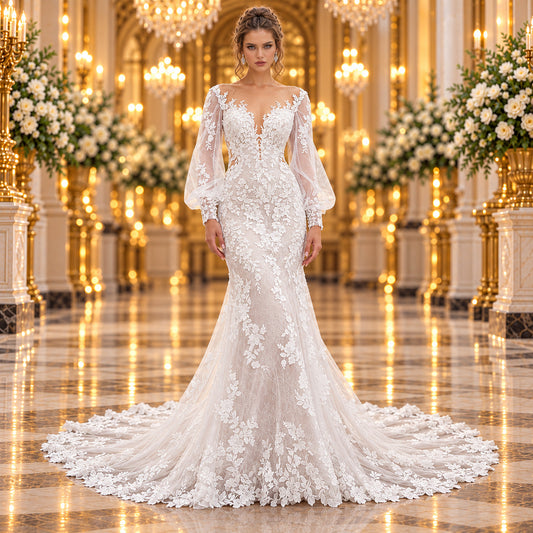 Vista frontal con mangas obispo del vestido de novia Mori Lee Jeannie 51ML2513LQ, corte sirena en color Ivory, en un elegante lobby de hotel.