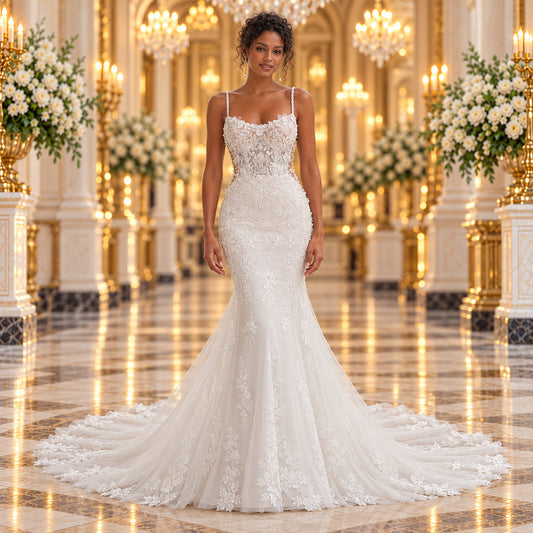 Vista frontal del vestido de novia Mori Lee Paisley 51ML2604LQ, corte sirena en color Ivory, sobre una elegante modelo en un lobby de hotel.