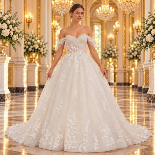 Vista frontal del vestido de novia Mori Lee Rebecca 51ML2646LQ, corte princesa color Ivory, con mangas de hombros descubiertos en lobby de hotel