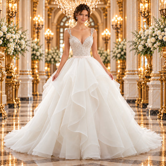 Vestido de novia 51ML2887LQ corte princesa en ivory, vista frontal completa con modelo en lobby de hotel