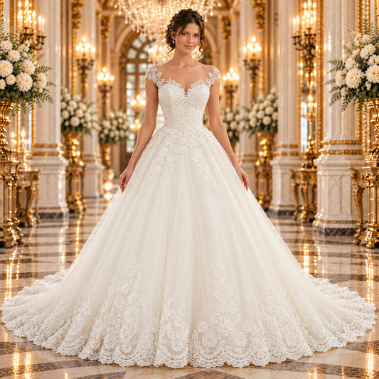 Vestido de novia 51ML2889LQ corte princesa en ivory, vista frontal completa con modelo en elegante lobby de hotel