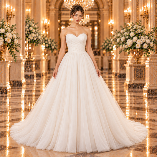 Vestido de novia Mori Lee 51ML5364LQ corte princesa en color ivory, vista frontal con modelo en lobby de hotel.