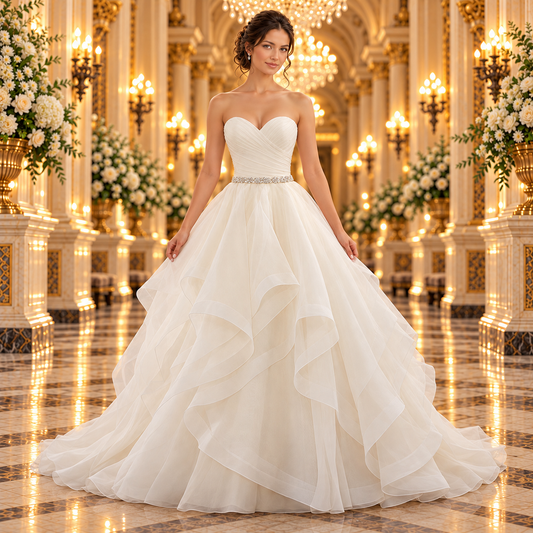 Vista frontal del vestido de novia Mori Lee 51ML5504LQ en ivory, con escote corazón, cinturón de pedrería y falda de organza en cascada, en un lobby de hotel.