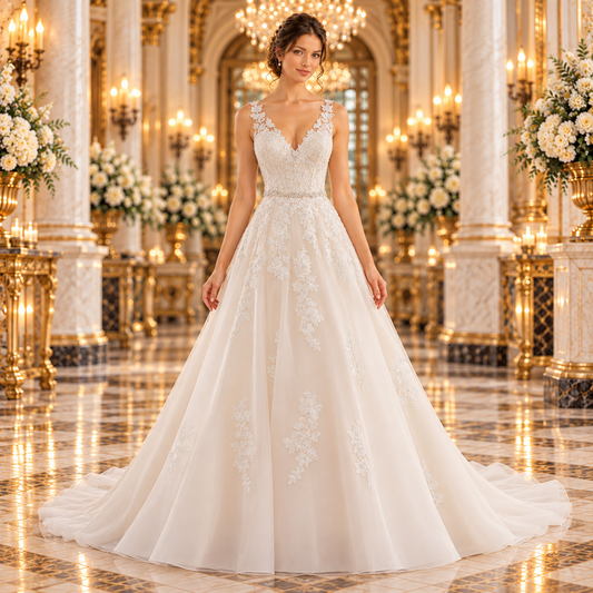 Vista frontal del vestido de novia Martina de Mori Lee 51ML5510LQ en color Ivory, con modelo en un elegante lobby de hotel.