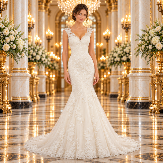 Vista frontal del vestido de novia Mori Lee Monet 51ML5562LQ, corte sirena color ivory, sobre modelo en lobby de hotel.