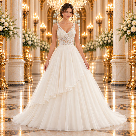 Vista frontal del vestido de novia Mori Lee 51ML5576LQ, corte princesa color ivory con cuerpo de encaje y falda de tul asimétrica, en lobby de hotel.