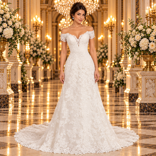 Vestido de novia 51ML5692LQ corte línea A color ivory, vista frontal con hombros descubiertos y encaje, sobre modelo en lobby de hotel.