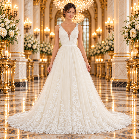 Vista frontal del vestido de novia Mori Lee 51ML5693LQ corte Línea A en color Ivory, con modelo en un elegante lobby de hotel.
