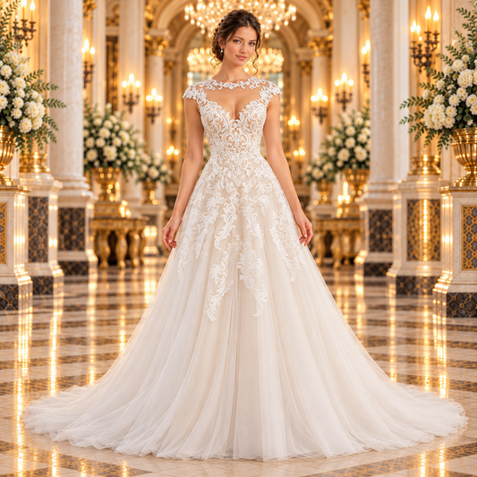 Vista frontal del vestido de novia Patrice de Mori Lee 51ML5715LQ, corte Línea A en color Ivory, con modelo en un lobby de hotel.