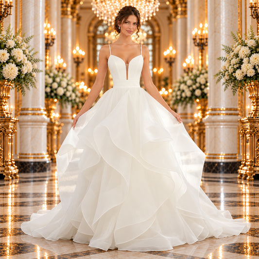 Vista frontal del vestido de novia Mori Lee 51ML5977LQ, corte princesa color ivory con tirantes finos y falda de volantes, en lobby de hotel.