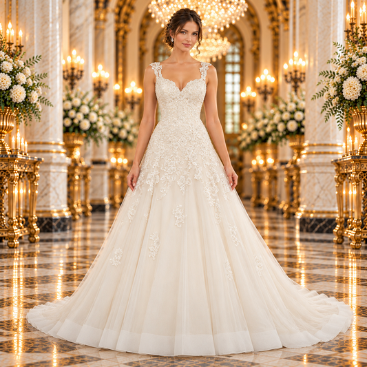 Vista frontal del vestido de novia Monique de Mori Lee 51ML8174LQ en color Ivory, con modelo en un elegante lobby de hotel.