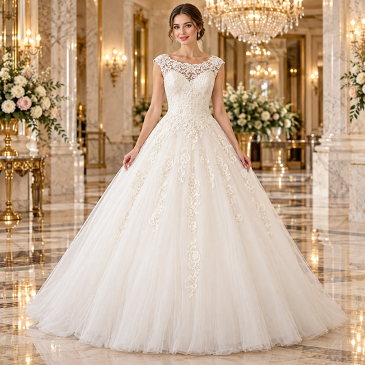 Vestido de novia 51MT237LQ ivory con encaje y falda de tul sobre modelo en lobby de hotel