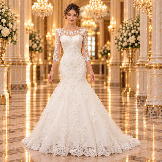 Vestido de novia corte Sirena Ivory 51SA0893-6LQ: vista frontal completa en lobby de hotel